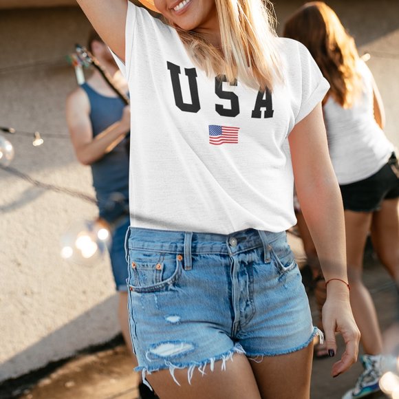 Tops - Classic USA American Flag Graphic White Tee
